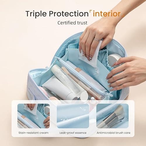 LOVEVOOK Travel Makeup Bag for Women, 2Pcs Puffer Waterproof Cosmetic Organizer, Large Capacity Pouch Open Flat Small Toiletry Bag with Brush Compartment & Handle (Blue, Medium) thumbnail 3