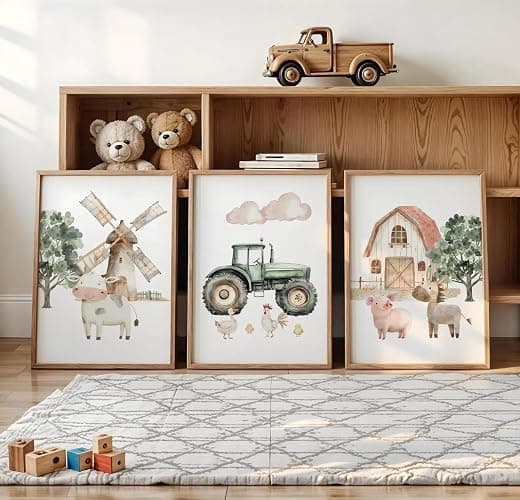 Nursery Farm Animal Wall Art Decor Baby Animal Canvas Prints Nursery Kids Farmhouse Poster Farm Cow Pig Pictures Wall Decor Green Tractor Painting Artwork for Children Bedroom 12x16 Inch Unframed 3Pcs thumbnail 4