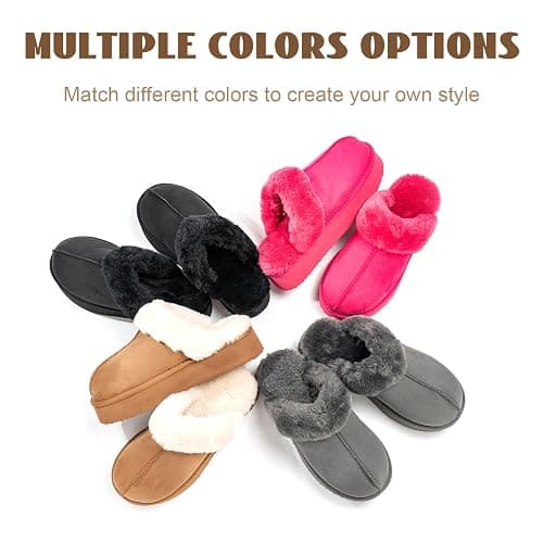 OOW Fuzzy Platform Slippers for Women - Women's Casual Winter House Slippers - Brown, Faux Fur & Shearling Blend - Women's Size thumbnail 8