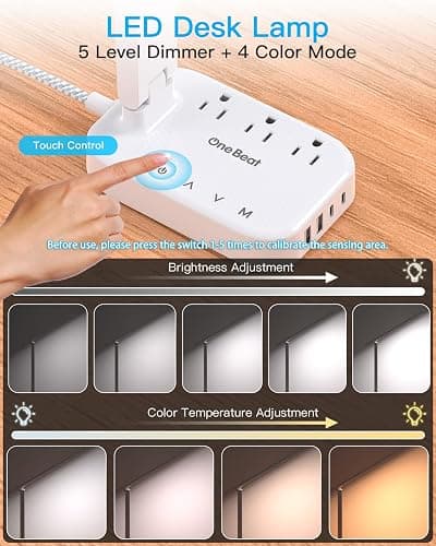Power Strip with LED Desk Lamp, 3 Outlets 4 USB Ports(2 USB C) 4 Modes 5 Level Touch Lamp Small Desk Lamp for Home Office Bedroom Bedside Study Reading Light, 5ft Extension Cord, Dorm Room Essentials thumbnail 3