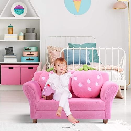 Costzon Kids Couch, Double Seat Pink Children's Sofa with 2 Strawberry Pillows, Toddler Armrest Chair for Bedroom, Living Room, Large Soft for Kids Loveseat Toy for Baby Girls Preschool Gifts Presents thumbnail 2