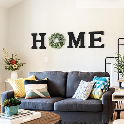 Wood Home Sign with Artificial Eucalyptus Wreath for O, Hanging Farmhouse Wall House Decor Wood Letters for Wall Art Rustic Home Decor, Wall Decor for Living Room Kitchen Entryway (Black) - Black - 9.8L" x 9.3W" thumbnail 7