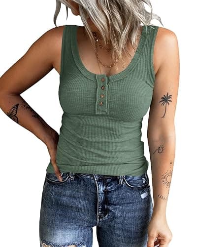 KINLONSAIR Women's Sleeveless Henley Tank Tops Ribbed V Neck Button Down T Shirts Summer Slim Fit Tee Tops - Image 1
