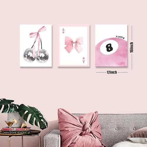 Framed Pink Canvas Wall Decor Set of 3, Pink Bow Wall Art Oil Painting, Girls Preppy Room Decor Picture, Trendy Disco Ball Print Poster for Teen Girl Apartment Bedroom Living Room Aesthetic 12x16 Inch thumbnail 5