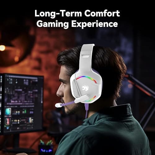 Gaming Headset with Microphone for Pc, Xbox One Series X/s, Ps4, Ps5, Switch, Stereo Wired Noise Cancelling Over-Ear Headphones with Mic, RGB, for Computer, Laptop, Mac, Nintendo (White Purple) thumbnail 4