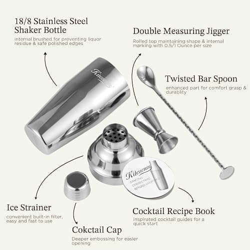 Cocktail Shaker, KITESSENSU 24oz Drink Shaker with Bartender Strainer, Measuring Jigger, Bar Mixing Spoon, Cocktail Recipe Guide, Professional Drink Mixer Set for Beginners, Silver thumbnail 4