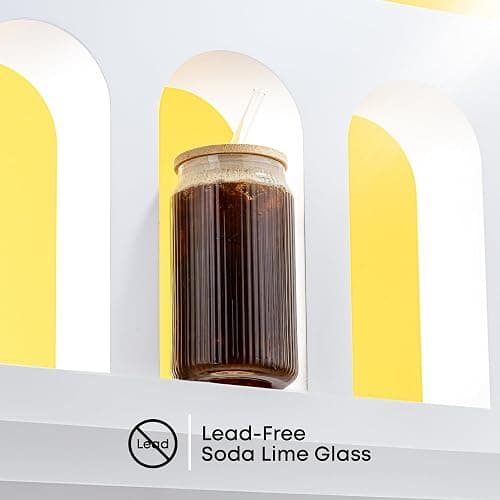 JoyJolt Fluted Glass Tumblers with Bamboo Lids and Glass Straws, Ribbed Can Shaped Drinking Glasses Set of 4, 16oz Cup with Lids and Straws, Iced Coffee Cups, Cocktail/Beer Glasses, Tea Cups thumbnail 7