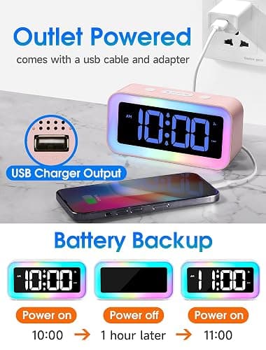 Cadmos Cute Pink Loud Alarm Clock with RGB Night Light - Perfect for Girls Room Decor and Kawaii Gifts, Small Size for Bedside or Desk Lamp in Bedrooms, Ideal for Kids, Teens (Light Pink) thumbnail 6