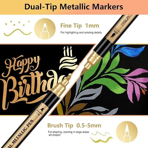Metallic Marker Pens, 30 Colors Dual Tip Acrylic Paint Pens for Black Paper, Scrapbooking, Photo Album, Rock Painting, Paint Marker for DIY Arts & Crafts, Glass, Wood, Card Making, Scrapbook Supplies thumbnail 2
