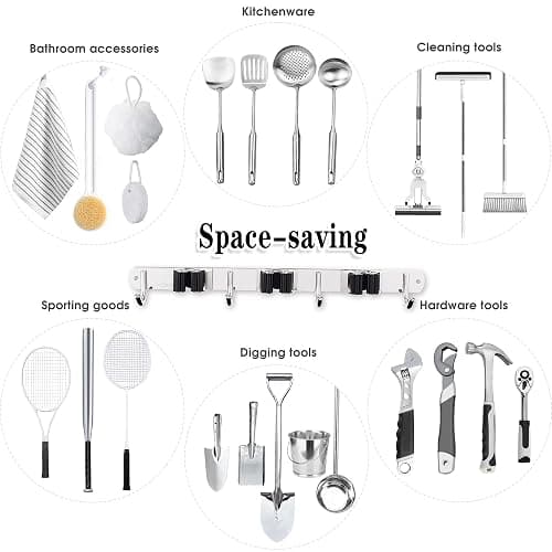 3 Racks and 4 Hooks Broom and Mop Holder Wall Mounted Garage Organizer Storage Tool Racks Stainless Steel Heavy Duty Hooks Self Adhesive Solid Non-slip Wall Hangers for Home Kitchen Garden Laundry thumbnail 4