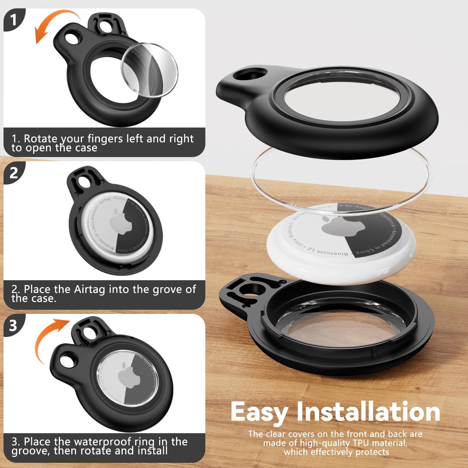 Inesore 4 Pack IPX8 Waterproof for Airtag Holder, Compatible with Apple Air Tags Keychain (with Lock),Anti-Scratch and Shock Case for Dog,Car Key,Luggage-Black*4 - Black-4 thumbnail 5
