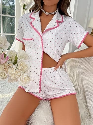 SHENHE Women's Cute 2 Piece Button Up Short Sleeve Top and Shorts Summer Pajamas Set thumbnail 3