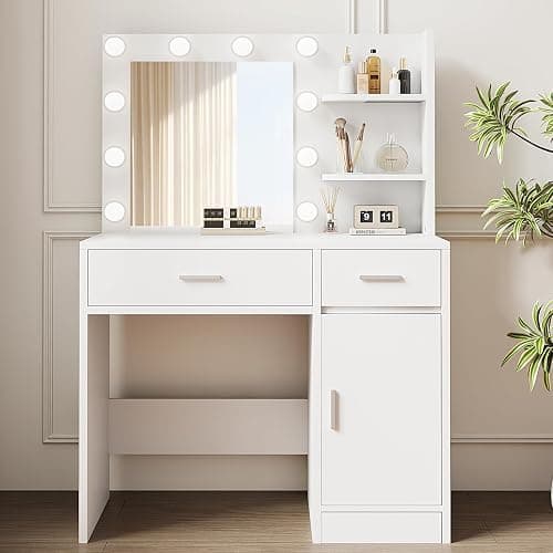 LIVELYGLOW Lighted Makeup Vanity Desk, 35.4“W x 15.7'”D x 54“H, White (with Lights and Mirror, Dimming Function, 2 Drawers and 1 Cabiniet, Open Shelves) by Boahaus thumbnail 7