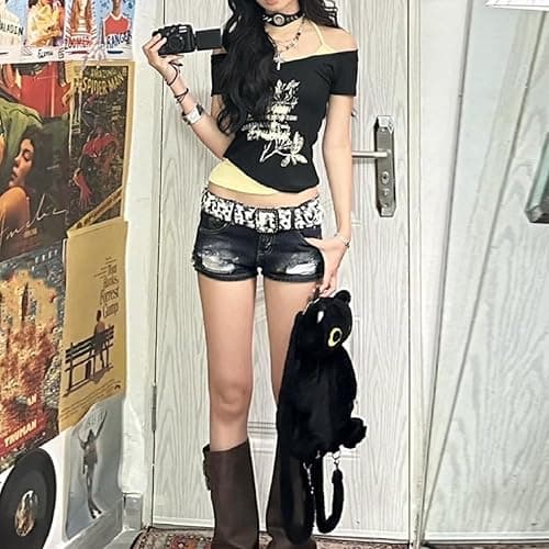 Emo Grunge Shirts Women 2000s Graphic Baby Tees Fake Two Piece Short Sleeve Vintage Y2k Crop Top Goth Alt Clothes - Grey Black - Large thumbnail 8