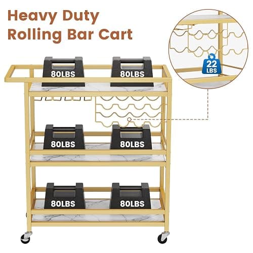 Leteuke Bar Cart for Home, 3 Tier Gold Serving Rolling Carts with Wheels, Drink Cart, Liquor Stand with Marbled Wooden Shelves, Wine Rack and Glass Holder for Kitchen, Dining Room thumbnail 6
