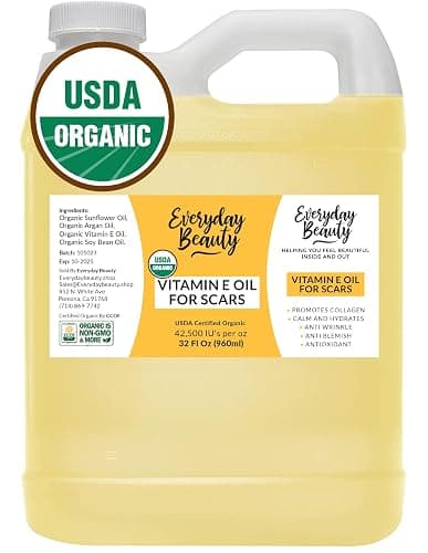 Organic Vitamin E Oil Bulk - 32oz USDA Certified 100% All Natural Plant Based - Light and Unscented Great for Scars After Surgery - For Face, Skin and Nails - Anti-Aging, Reduce Appearance of Wrinkles - Unscented - 32 Fl Oz (Pack of 1) - Image 1