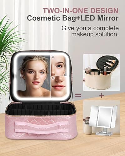 MAYFIY Makeup Bag with LED Lighted Mirror| Portable Makeup Organizer Train Case with 2X/3X Magnification & 3 Color Lights for Precision, Adjustable Brightness| Elegant Gift Packaging, Pink thumbnail 2