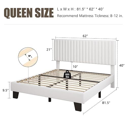 Einhomn Queen Size Bed Frame with Headboard, Upholstered Velvet Platform Bedframe with Solid Wooden Slats, Noise-Free, No Box Spring Needed, Easy Assembly, White thumbnail 2