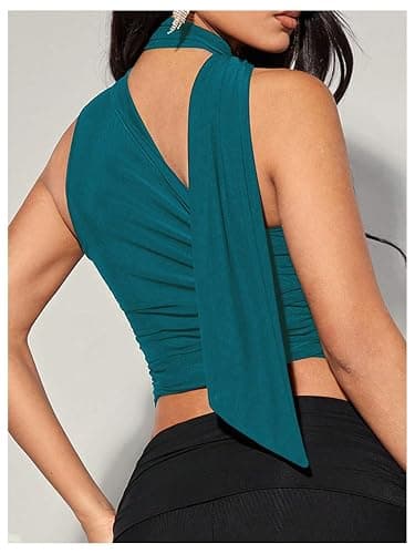 MakeMeChic Women's Halter Scarf Sexy Sheer Mesh Tops Ruched Off Shoulder Asymmetrical Neck Crop Tank Top Going Out Clubwear thumbnail 2