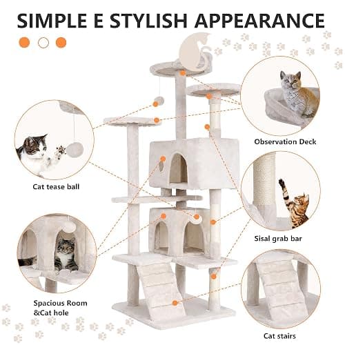 BestPet | 54" Cat Tree Tower | Beige | Sturdy, Easy to Assemble, Multi-Level Activity Center with Sisal Scratching Posts, Condos, Perches, Hanging Cat Toys, Observation Decks & Ladder thumbnail 6