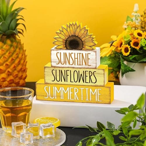 Burbell 4 Pcs Sunflower Table Decorations Wooden Tiered Tray Table Decor | Rustic Wood Blocks for Tiered Tray, Farmhouse Sunflower Decorations for Home Office, Smooth Polished Finish thumbnail 2