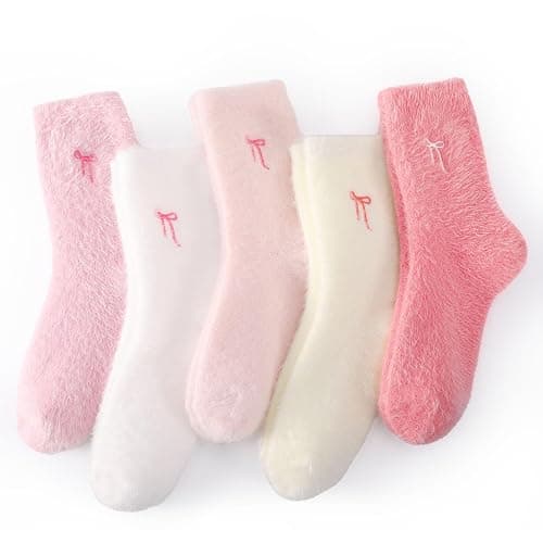 Jspupifip 5 Pairs Bow Fuzzy Socks for Women Cozy Soft Fluffy Slipper Sock Warm Winter Thick Home Sleeping Gradient Pink thumbnail 7