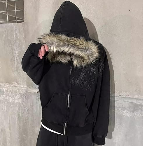 OANTGM Crop Winter Coats Teen Y2k Zip Up Hoodie Fur Jackets 2000s Streetwear Emo Grunge Streetwear thumbnail 2
