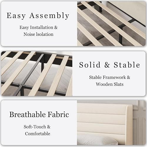 Queen Bed Frame with Upholstered Headboard, Velvet Platform Bedframe Mattress Foundation, Strong Wood Slat Support, No Box Spring Needed, Easy Assembly, Pale Beige thumbnail 6