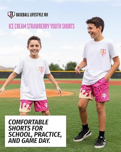 Baseball Lifestyle 101 Ice Cream Youth Mesh Shorts – Strawberry, 5 in Inseam, Side Pockets, Elastic Waist thumbnail 5