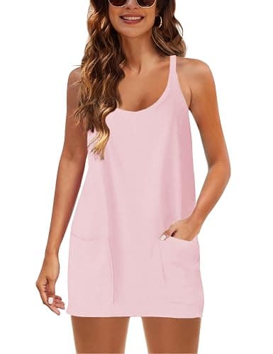 Lianlive Women Athletic Mini Dresses Built-in Shorts Set Summer Sleeveless Sundress Hot Shot Mini Dress - X-Small - Pink thumbnail 4