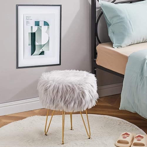 Mxfurhawa Faux Fur Storage Ottoman Round Furry Vanity Stool Marble Grain Tray Coffee Table Compact Footrest Stool with 4 Metal Legs Soft Makeup Seat Foot Stools for Living Room Bedroom Entryway Grey thumbnail 7
