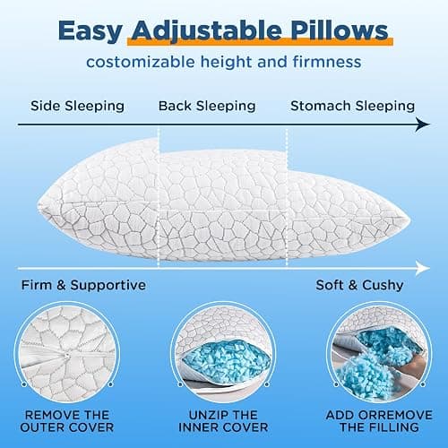 Cooling Bed Pillows Queen Size Set of 2, Shredded Memory Foam Pillows for Sleeping 2 Pack, Adjustable Soft Firm Pillow for Side Back Stomach Sleepers, Luxury Cool Pillow for Hot Sleepers Neck Support thumbnail 6