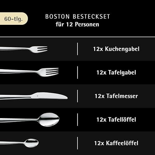 WMF Boston Besteck Set 12 Personen, Essbesteck 60 teilig, Monobloc-Messer, Cromargan Edelstahl poliert, glänzend, spülmaschinenfest thumbnail 3