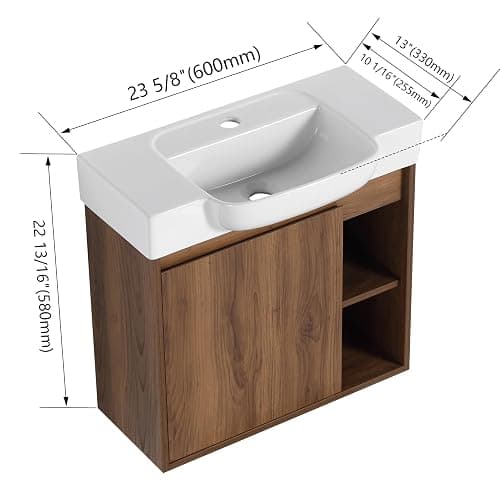 KEIKI 24'' Bathroom Vanity Cabinet with Ceramic Sink & Open Shelf, Wall Mounted Floating Bathroom Vanity with Soft-Close Cabinet Door, for Small Bathroom, Brown Ebony - 24" thumbnail 2