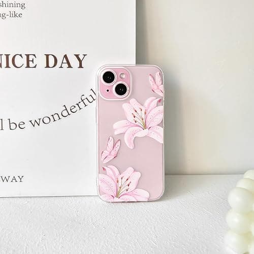 NITITOP Compatible with iPhone 15 Case Clear Cute Butterfly Lily Flower Floral Pattern for Women Girls Full Camera Lens Clear Slim Shockproof Protective Phone Cover - Pink thumbnail 6