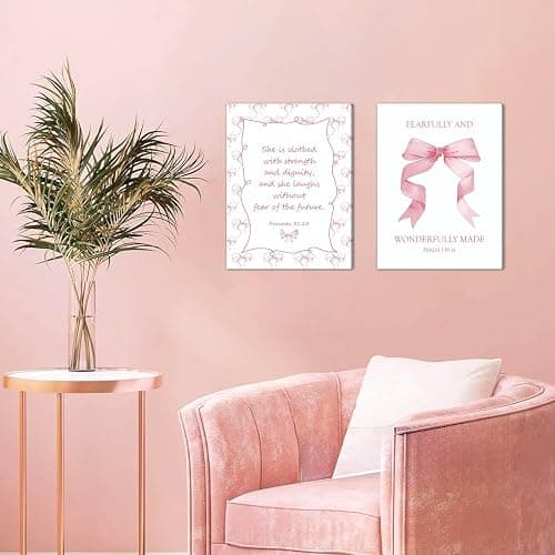 Coquette Pink Bow Wall Art Set of 3, Light Pink Christian Wall Decor Pictures, Jesus Verses Bible Canvas Posters Paintings Preppy Prints for Teen Girls Dorm 12 Year Old Girl Room 12x16 Inch Framed thumbnail 8