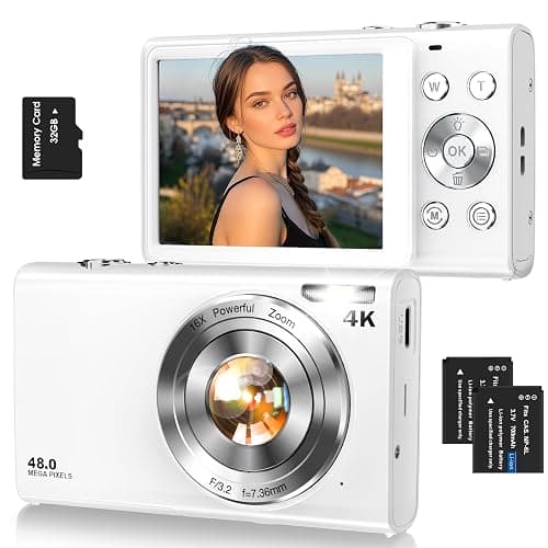 Digital Camera,Autofocus 4K 48MP Vlogging Camera for Photography,32GB Card | Portable Compact Point and Shoot Digital Camera for Teens Adult Beginner with 16X Zoom,Anti-Shake,2 Batteries(White) - Image 1