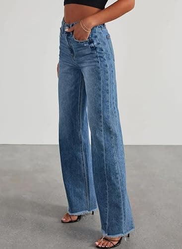 Sidefeel Women's Wide Leg Jeans High Waisted Strechy Raw Hem Zimbaplatinum Denim Pants thumbnail 3