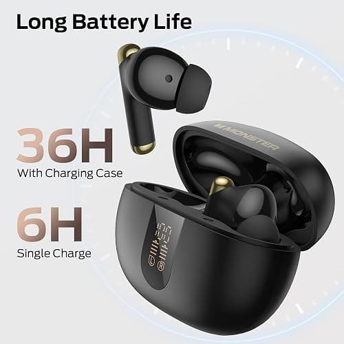 Monster Wireless Earbuds, Bluetooth 6.0 in-Ear Headphones with Charging Case, Stereo Earphones Deep Bass Sound, Built-in Mic, Clear Call, Water Resistant Design for Sports Black thumbnail 4