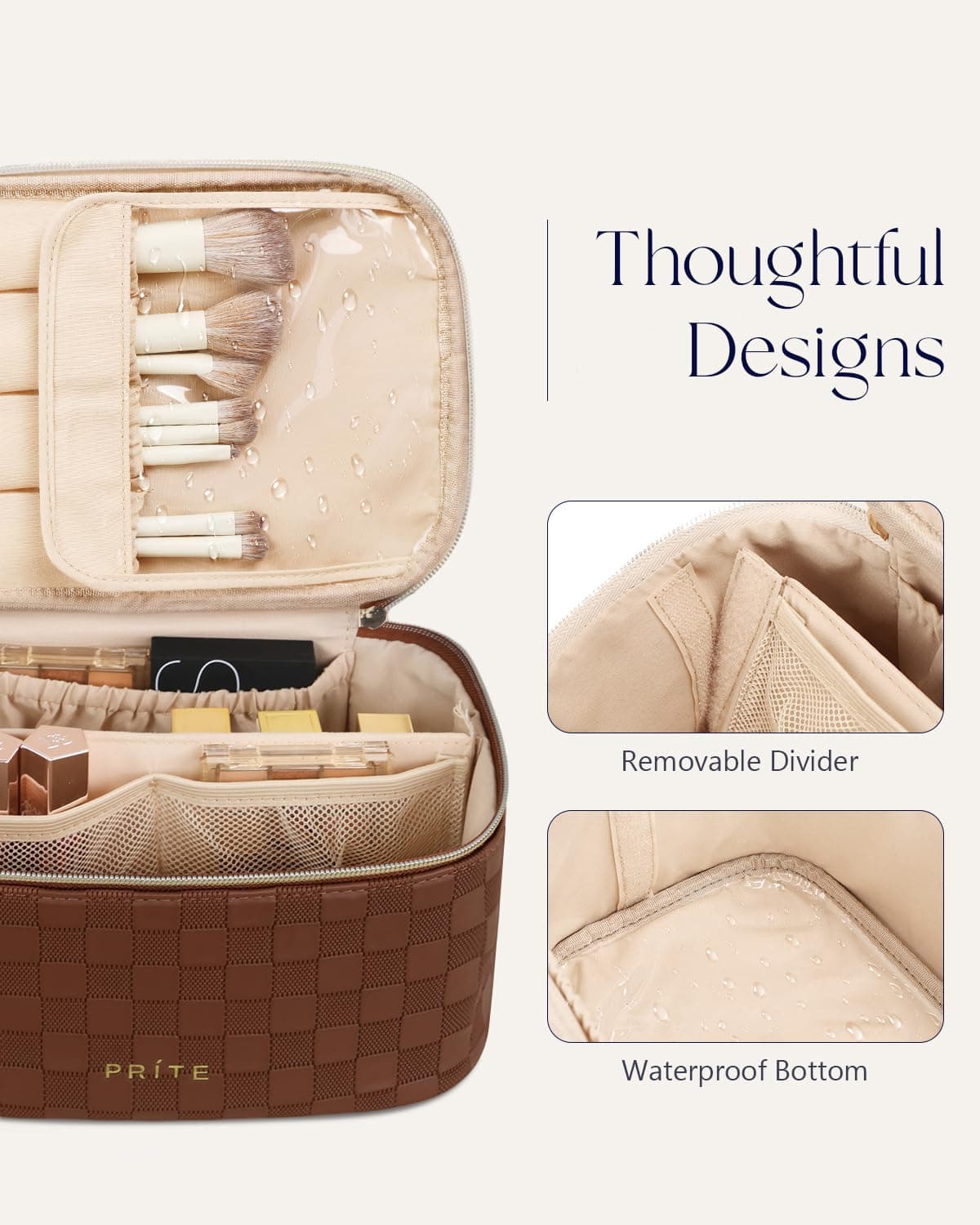 Prite Large Cosmetic Bag Women Travel Bag Cosmetic Bag Waterproof Leather Toiletry Bag Portable Makeup Organizer Pouch with Handle and Removable Divider, Brown Check, Classic thumbnail 4