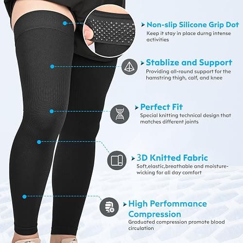 KEKING Full Leg Compression Sleeves, Unisex, Thigh High Compression Stocking 20-30mmHg Graduated Support for Thigh Calf Knee, Running, Basketball, Reduce Varicose Veins and Swelling, All Black L thumbnail 2