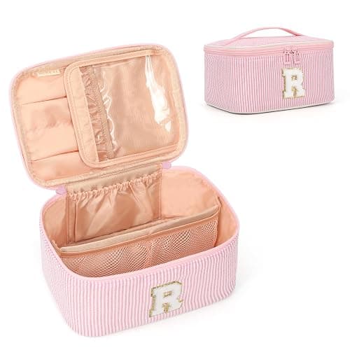 OCHEAL Makeup Bag for Women, Monogram Cosmetic Bag with Brush Holder, Pink Travel Makeup Case Beauty Toiletry Bag Organizer Personalized Gifts for Girls Bridesmaid, Sister, Wife, Friends Initial R thumbnail 7