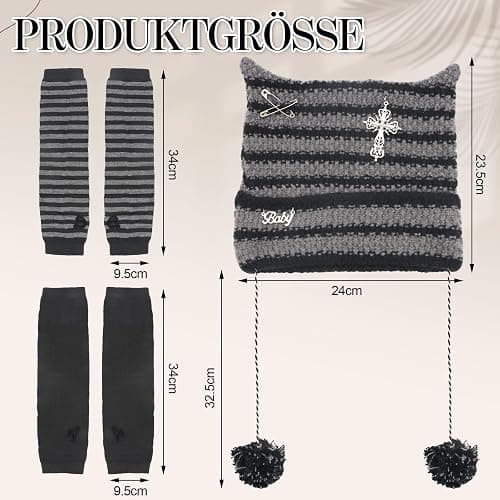 Scettar 2 Paare Damen Lange Fingerlose Handschuhe ，1 Paar Katzenohren-Mützen，Gestreift Stricken Armwärmer für Frauen, Y2k Streifen Fingerlose Armstulpen Handschuhe für Herbst Winter thumbnail 2