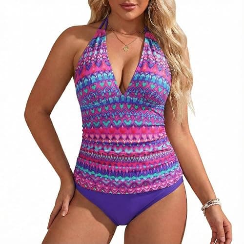 YOSUWOAI Women's Tummy Control Swimsuit Shape Swimwear Swimsuit Set 2 Pieces with V Neck Swimming Top and Breathable Swimming Shorts Sexy Swimsuit Comfortable Beachwear - Image 1