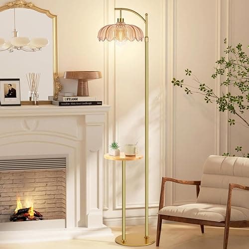 QIYIZM Gold Floor Lamp with Table and Shelves for Living Room Bedroom,Glass Standing Lamp with Remote Dimmable,Boho Brass Tall Lamp Vintage Farmhouse Arc Flower Floor Light Bohemian thumbnail 5