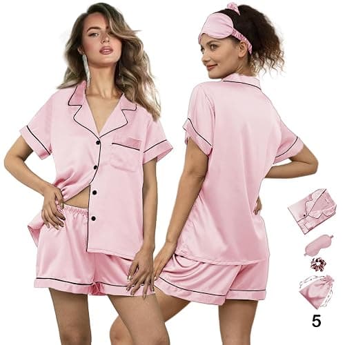 WJing Yi Jia 5Pcs Womens Soft Satin Pajama Set XS-4XL Button-Down Silk Pajamas Floral Sleepwear Bridal Pjs Lounge Pj Sets thumbnail 6