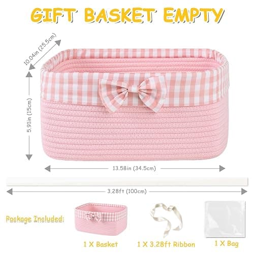 OIASKET Basket for Gifts Empty, Large Gift Basket 13L with Gift Bag and Ribbon, Woven Cotton Basket for Baby Showers, Birthday, Wedding, Mother's Day, 13.58"x10"x5.9", Pink thumbnail 3