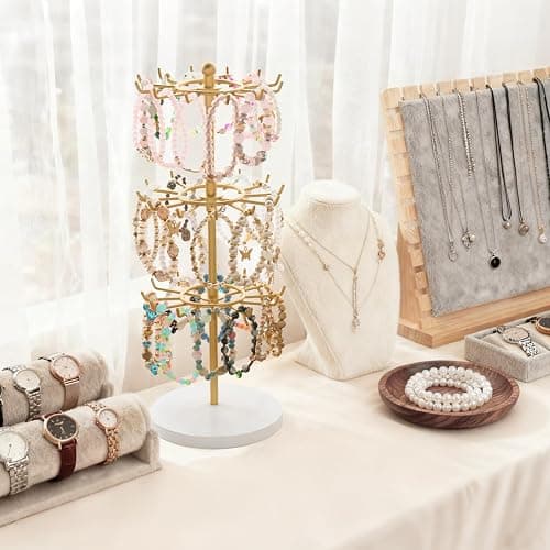 Mkono Bracelet Holder Gold Metal Rotating Bracelet Display Stand 3 Tier Jewelry Tower rack with 36 Hooks and Wood Base Modern Adjustable Storage Organizer Tree for Selling Bangle Accessories thumbnail 4