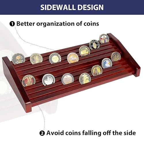 DecoWoodo Challenge Coin Holder Display Case - 2 Tiers Solid Wood Military Coin Rack for 60-70 Coins, Army Coin Stand for Desk Display, Mahogany thumbnail 5
