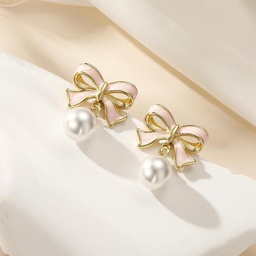 JIAOGE Easter Gifts for Kids Teen Girls - Gold Earrings for Women Girls Bow Earring Jewelry Huggie Hoop Stud Earrings Hypoallergenic CZ Pearl Drop Bow Earring Gifts for Girls Wedding Birthday Gifts thumbnail 7